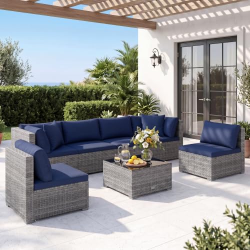 Tangkula 7 Pieces Wicker Patio Furniture Set, Outdoor Sectional Rattan Sofa Set with Seat & Back Cushions, Pillows, Coffee Table, Modular Conversation Set for Backyard, Poolside, Deck & Garden (Navy)