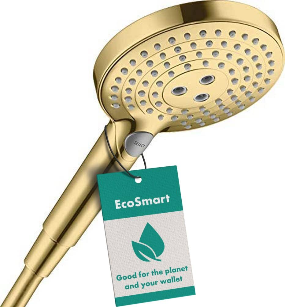 hansgrohe Raindance Select S - water-saving shower head 9 l/min (EcoSmart), hand shower round (125 mm) with 3 sprays, with anti-limescale function, polished gold optic, 26531990