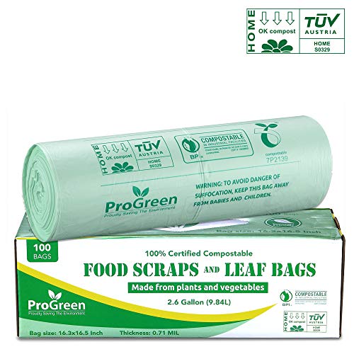 ProGreen 100% Compostable Bags 2.6 Gallon, Extra Thick 0.71 Mil, 100 Count, Small Kitchen Trash Bags, Food Scraps Yard Waste Bags, Biodegradable ASTM D6400 BPI and VINCOTTE Certified.