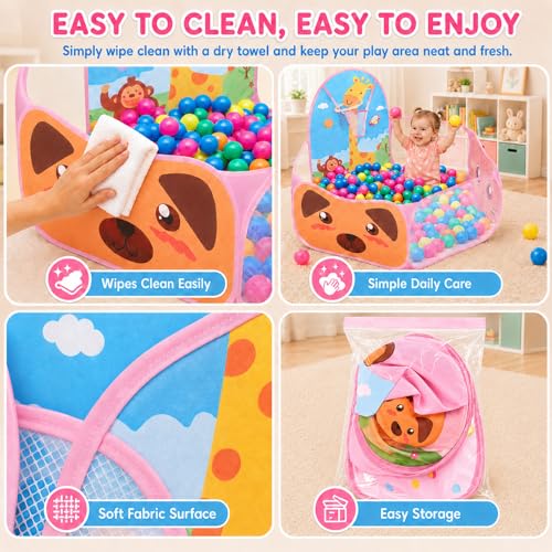 Ball Pool Baby Tent Children's Tent Foldable Cartoon Design for Children with Basketball Hoop, Pink Balls Playpen Baby (Balls Not Included)