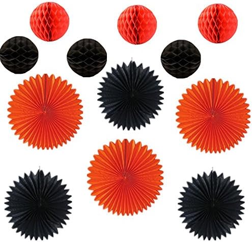 BAIVYLE Black Orange Halloween Decoration Kit Party aper Fans Lanterns Honeycomb Balls for Party Birthday Event Decoration - /Home Decoration/ Party Pack/Birthday Decorations(Set of 12)