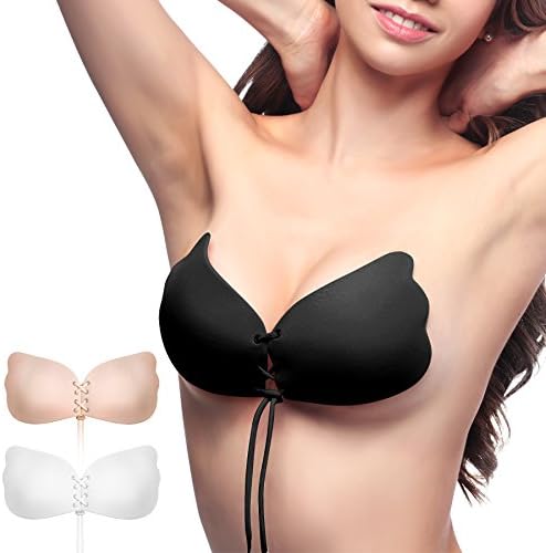 SAWMONG Backless Strapless Bra, Self Adhesive Sticky Silicone Invisible Push up Bra with Drawstring, Black, Cup B