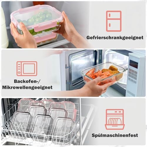 Glasbehälter mit Deckel, 10 Teile Stapelbar & Luftdicht Meal Prep Boxen Glas für Spülmaschine, Mikrowelle & Gefrierschrank, Auslaufsicher, BPA-Frei, Rosa