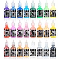 Fabric Paint Set with Brushes & Stencils: Permanent Craft Puffy Paint for Decorating Shirts, Denim, Textile or Glass - 3D Puff Paint Kit with Glitter and Glow in The Dark Paint - 24 1 Oz Bottles