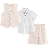 LOLANTA Boys Linen Suit 4 Piece Summer Gentleman Outfit Kids Dress Vest Shirt Shorts Set for Beach Wedding Graduation