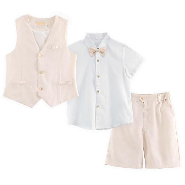 LOLANTA BOYS LINEN SUIT 4 PIECE SUMMER GENTLEMAN OUTFIT KIDS DRESS VEST SHIRT SHORTS SET FOR WEDDING GRADUATION(BEIGE,10-11)