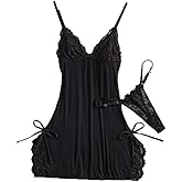 Favnac Women's Sexy Floral Lace Strap Nightwear Babydoll Lingerie Dress with Thong 2 Piece