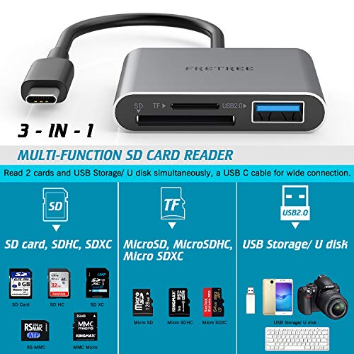 USB C to SD Card Reader - Aluminum 3 in 1 Hub with USB 2.0 Port, Type-C SD Adapter 5Gbps Read 2 Cards & 1 USB Disk, Compatible for MacBook/iPad Pro, Samsung Galaxy S10/S9/S8 and More USB C Devices