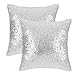 PONY DANCE Silver Throw Pillows - Sparkling Sequins Decor Cushion Covers Glitzy Sequin Solid Throw Pillowcases for Party/Christmas, Hidden Zipper Design, 18 inch Square(45 cm), Silver, Pack-2