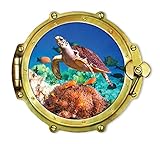 Walls 360 Peel & Stick Porthole Wall Decal Sea Turtle Swimming with Fish (12 in x 10.5 in)