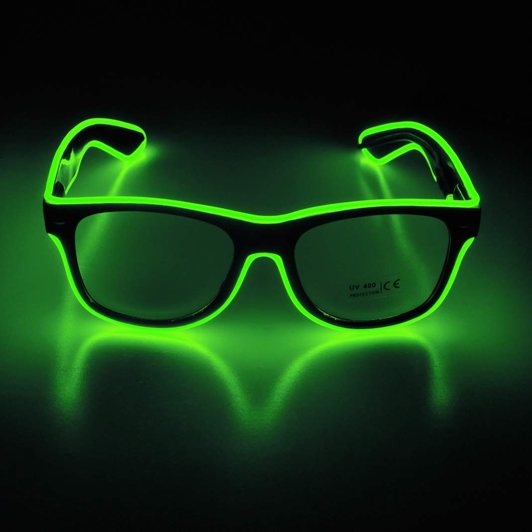 Photo 1 of Aquat  El Wire Neon Rave Glasses Glow Flashing LED Sunglasses Costumes For Party, EDM, Halloween, Wired with Battery Power RB01 (Neon green, Black Frame)