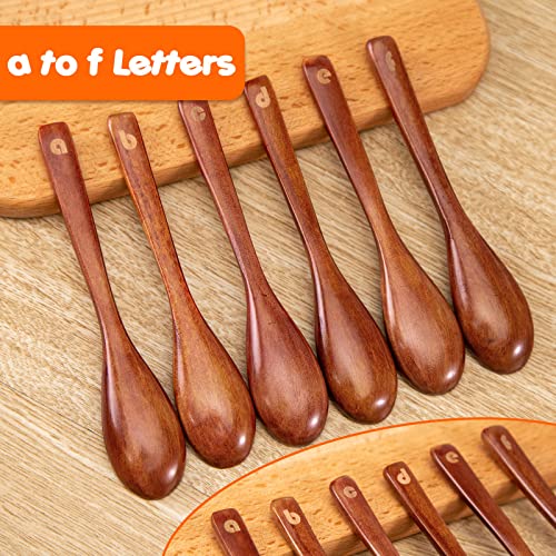HAKSEN Wooden Spoons, 6 PCS Long Serving Spoon Tasting Spoons Wood Utensils A to F Letters for Kitchen Table Stirring Soup