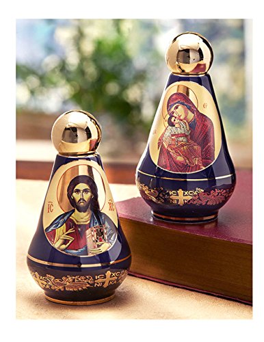 2 Sided Blue Ceramic Holy Water Bottle with Byzantine Greek Icons Christ and Virgin Mary 4 Inch