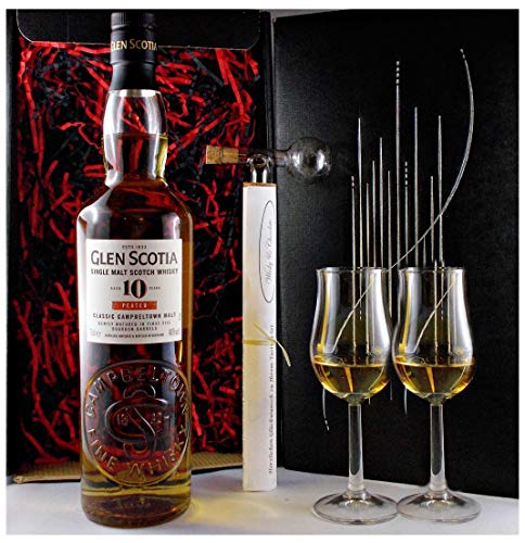Geschenk Glen Scotia peated 10 Jahre Single Malt Whisky + Glaskugelportionierer + 2 Bugatti Gläser