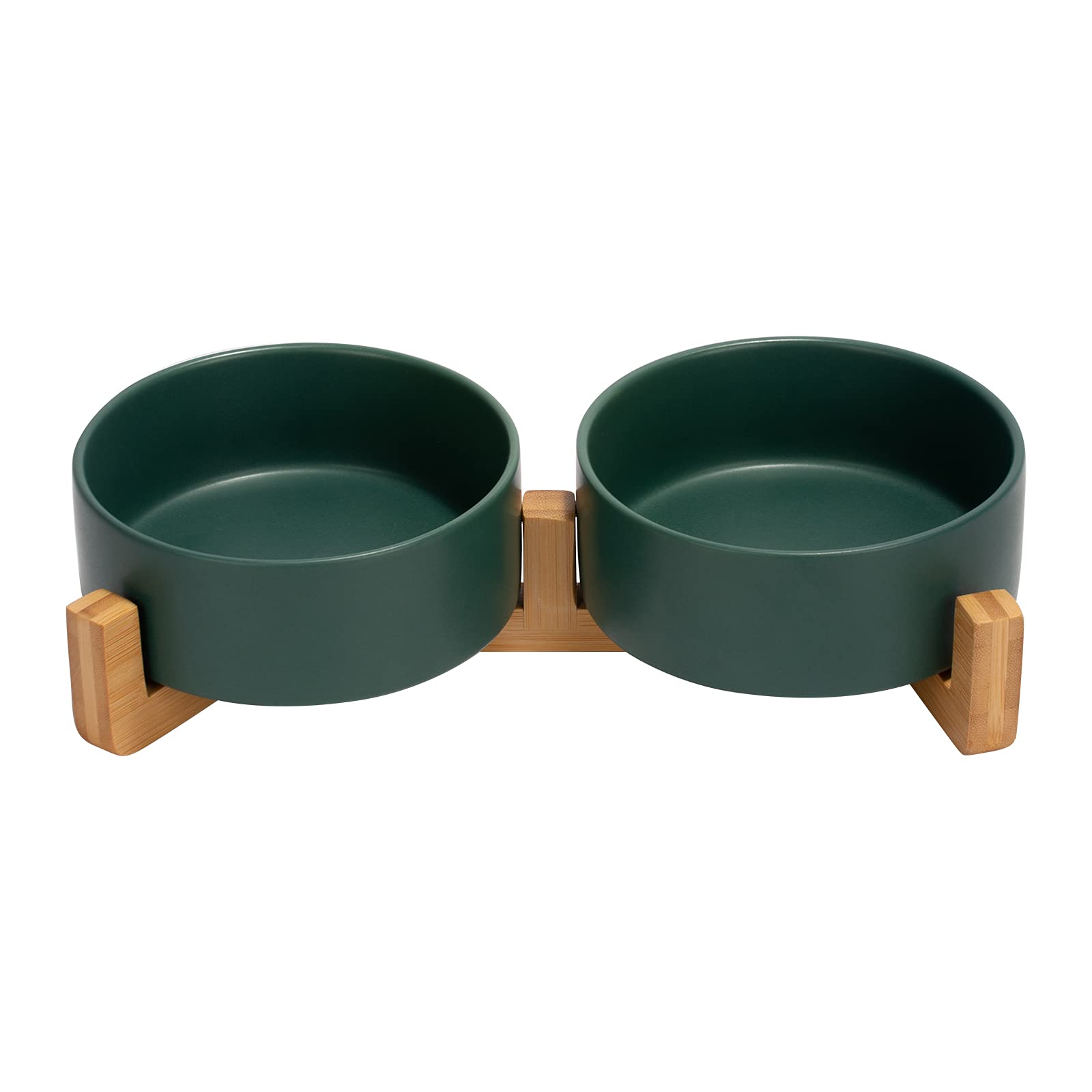 SPUNKYJUNKY Ceramic Double Dog Bowl with Bamboo Stand for Cats and Dogs (400ml, green x 2)