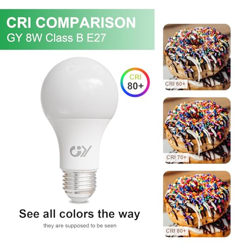 GY E27 LED Warm White Light Bulb, 8 W 1521 LM Energy Saving Bulb, Replaces 100 W Bulbs, Energy Efficiency Class B, A60 LED Warm White, Beam Angle 360° Bulb, Not Dimmable, Pack of 6