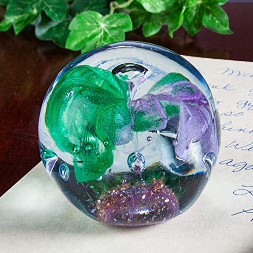 The Paragon Handmade Flower Paperweight Glass Office Decor, Flower Themed Collectible, 2Â½ (Purple & Green)