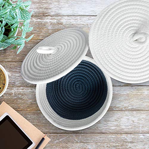 HiChen 7.9" x 6.3" x 4.3" Small Cotton Rope Basket with Lid, Home Décor Round Woven Desk Storage Box Organizer for Snacks, Keys, Jewelry, Cosmetics,Remote Control