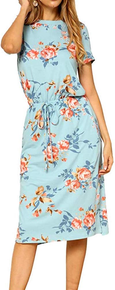 Floral Dresses for Women Short Sleeve A-line Pleated Casual Dresses Swing Tunic T-Shirt Dresses for Women 5 Colour Size 6-16