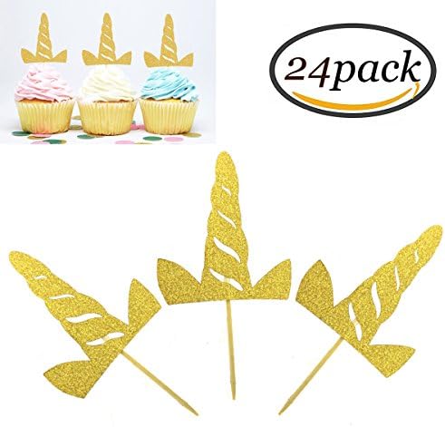24 Pack Unicorn Party Cupcake Toppers Gold Unicorn Horn Shape Cake Decorations for Baby Shower Birthday Party Favors