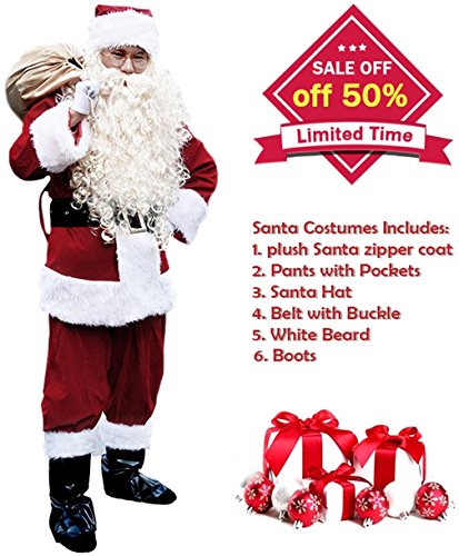 Santa Suit Men s Adult Christmas Santa Suit Costumes Holiday Cosplay Cute Costumes Outfits Vintage Plush 6 pieces Complete Santa Claus Christmas Suit Costumes, (Burgundy), One Size