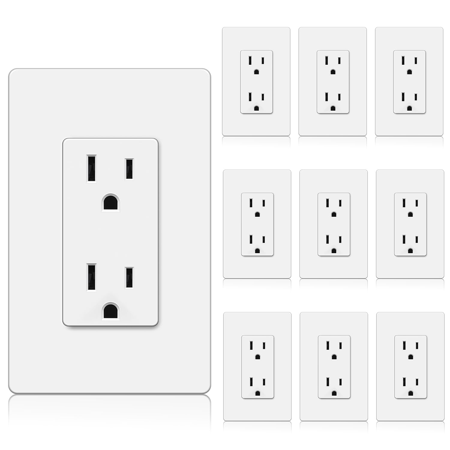Photo 1 of BESTTEN Decorator Receptacle Outlet, 15 Amp Standard Electrical Wall Outlet with Screwless Wallplate, Non-Tamper Resistant, 15A/125V/1875W, UL Listed, 10 Pack, White
