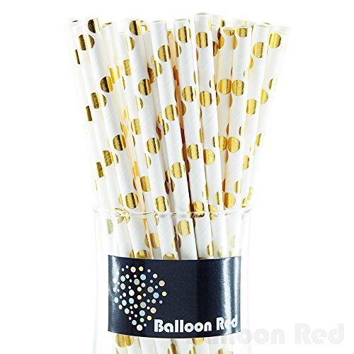 Biodegradable Paper Drinking Straws (Premium Quality), Pack of 50, Polka Dot - Metallic Glossy Gold