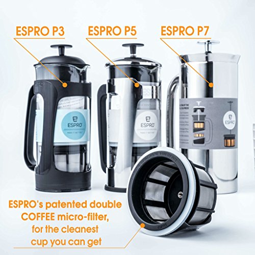 Espro Press P5 - French Press Coffee Press with Thick & Durable SCHOTT Duran glass + Bonus Wooden Stirring Spoon (with Coffee Filter, 18 oz)