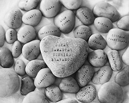 Sanskrit Words on Stones Meditation Yoga Space Peaceful Decor Wall Art Print, Black White Photograph