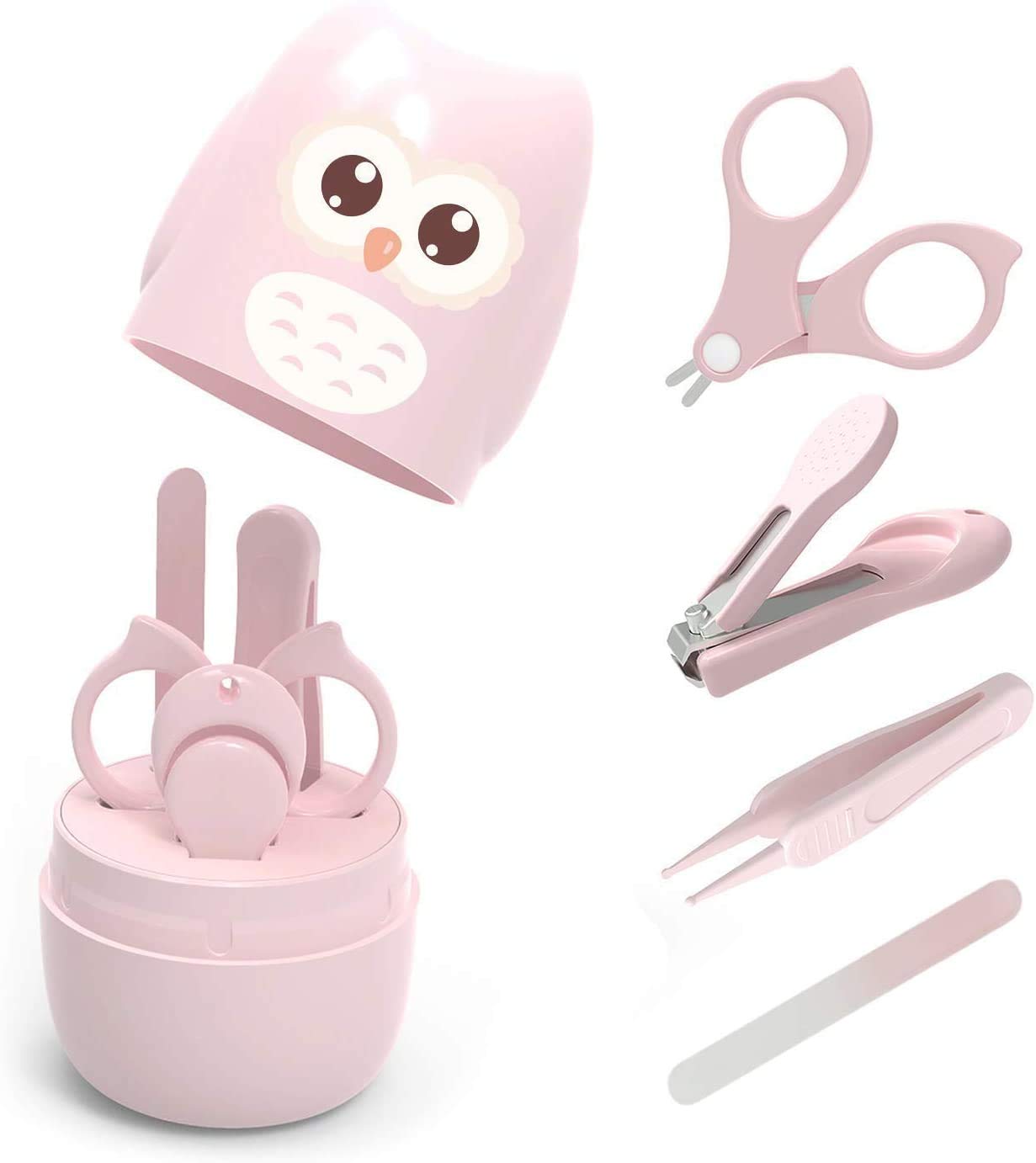 VOARGE Baby Nail Care Set Newborn, Baby Care Baby Manicure Set with Safe Baby Nail Clippers, Scissors, Tweezers and Nail File, Cute Owl Gift Packaging, Pink