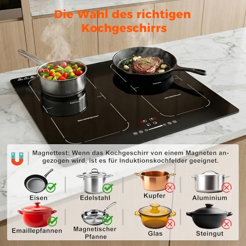 Topwish Induction Hob 4 Plates with Flex Zones, Induction Hob Built-in 60 cm, Hob 4 Hobs with Boost Function, Timer, Child Lock, Overheating Protection and Keeping Warm, 7200 W