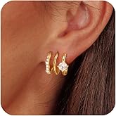 CHESKY 14k Gold Plated Triple Illusion Huggie Stud Earrings, Trendy Double Huggie Hoop Earrings for One Hole, Dainty Gold Claw Earrings for Women Cute Everyday Jewelry Gift