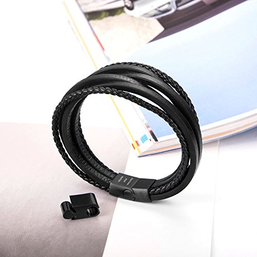 murtoo Leather Bracelet For Man-Clasp Cowhide Braided Multi-layer Wrap Mens Bracelet, (Black New,8.7'')