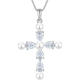 YL Cross Necklace 925 Sterling Silver Freshwater Pearls Pendant Birthstone Religious Jewelry for Women