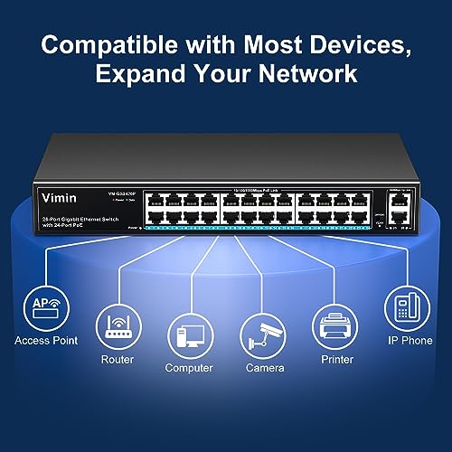 VIMIN 24 Port Gigabit PoE Switch with 2 Gigabit Uplink Port, 26 Port Unmanaged PoE Ethernet Switch with 320W Power, IEEE802.3af/at Compatible, VLAN, Metal Housing