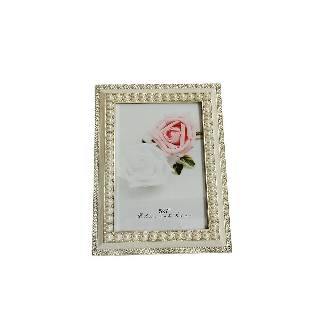Xshelley 5x7 inch photo frame, made of oysters and artificial pearls inlaid with white electroplated bright silver zinc alloy photo frame, handmade