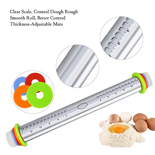 Rolling Pin with Rolling Mat, TedGem Adjustable Stainless Steel Rolling Pin Dough Roller with 4 Removable Thickness Rings Guides for Pie Crust, Dough Pizza Pie Cookies, Including a Pastry Mat - Thumbnail 2
