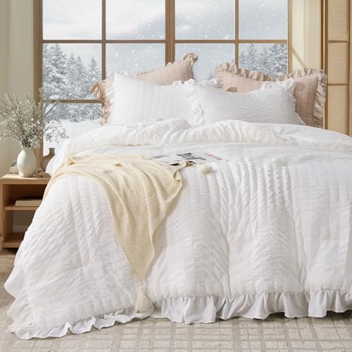 Photo 1 of ***(HEAVILY USED/ MINOR DAMAGE)***JOLLYVOGUE Queen Comforter Set, 3 Pieces White Seersucker Comforters Queen Size, Lightweight & Fluffy Bedding Sets Queen for All Season with 1 Ruffle Comforter and 2 Ruffle Pillowshams