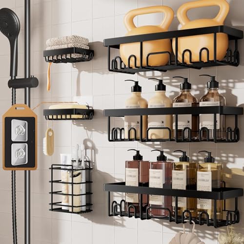 Adhesive Shower Caddy, 6 Pack Shower Organizer Storage, No Drilling Shelf Rack with Soap Holder, Large Capacity Bathroom & Toilet Storage, Wall Mounted Organization for Kitchen & Home Décor,(Black)
