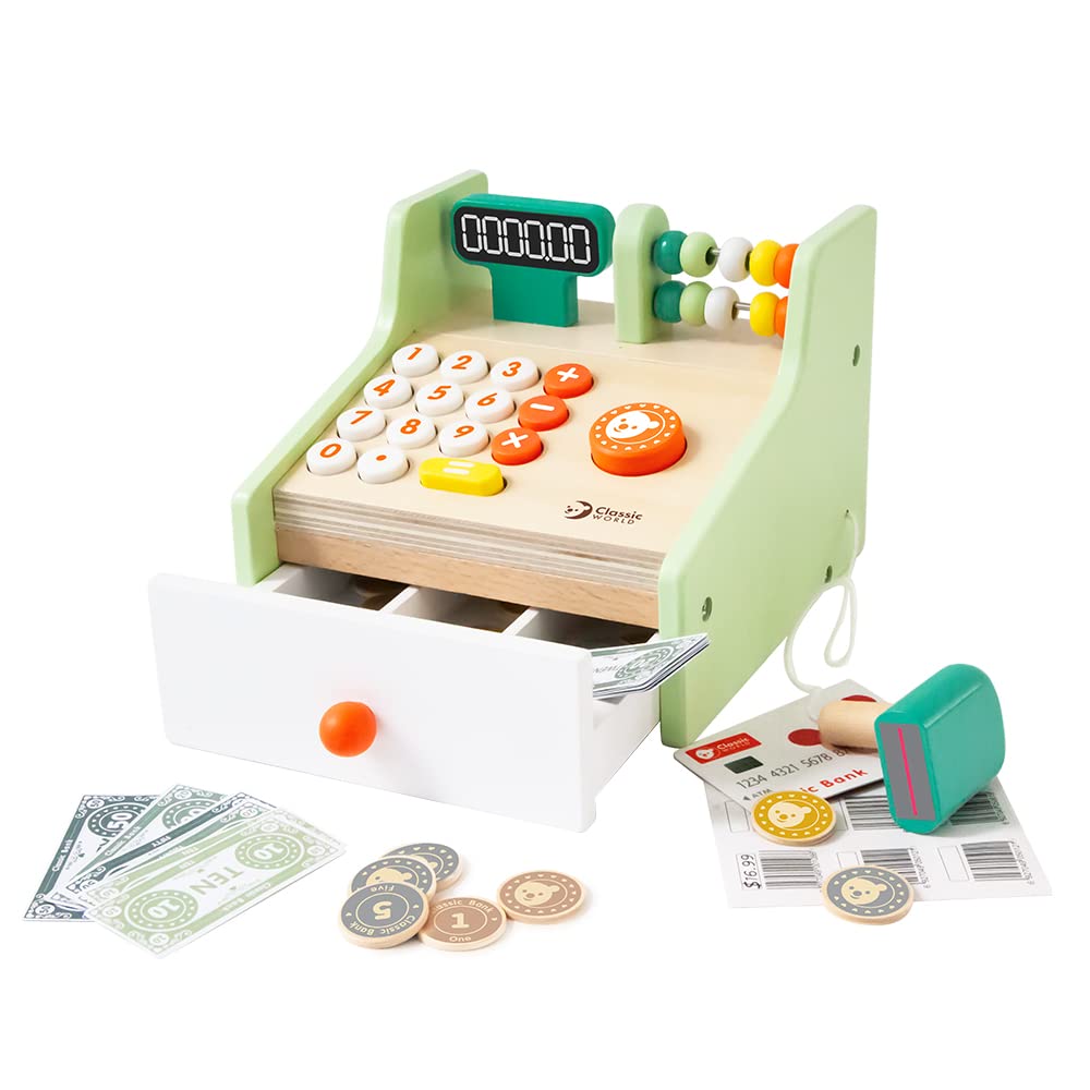 Classic World - Children's Wooden Cash Register Pretend Play Supermarket Shop Till Educational Role Play, Suitable for 3+ Years
