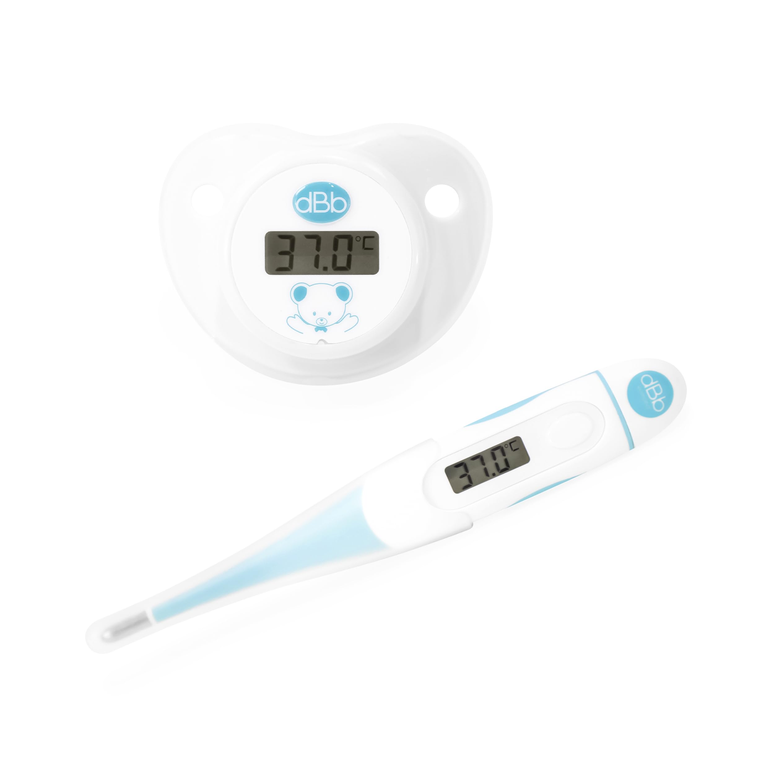 dBb Remond Duo Baby Medical Thermometers - 1 Soft Tip Digital Thermometer & 1 Dummy Thermometer - Accurate Digital Display - Fast Temperature Setting - White & Blue
