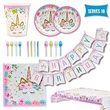 Unicorn Party Supplies Set – Serves 16 – Girls Birthday Decorations Tableware for Kids – Disposable Table Cover, Plates, Cups, Napkins, Utensils & Happy Birthday Banner – by BLUE DONKIE