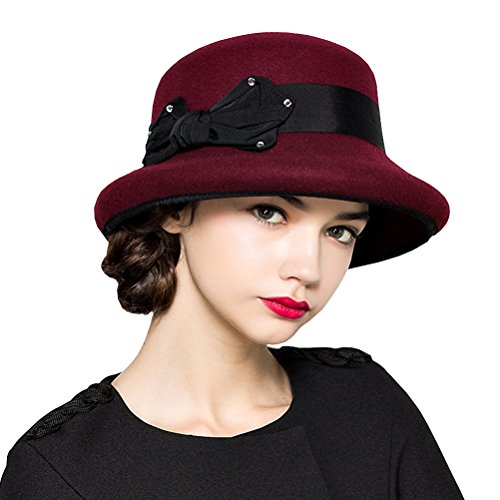 Maitose Women's Bow Flowers Wool Felt Hat Wine Red