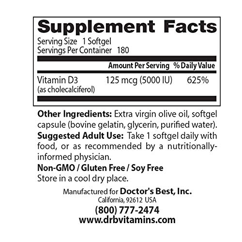 image for Doctor's Best Vitamin D3 5000IU, Non-GMO, Gluten Free, Soy Free, Regul