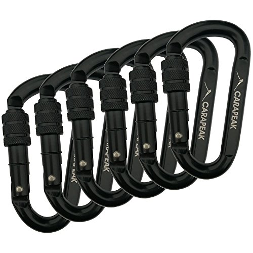CARAPEAK 30kN Heavy Duty Screwgate Locking Snag-Free 6 Pack Set D Shape Carabiner, Strong Steel Clip for Gym, Hammock, Hunting Black