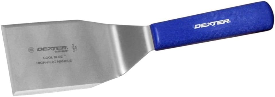 Dexter Russell 19713 Sani-Safe Cool Blue Hamburger Turner, 4" x 3" Offset Solid Beveled Stainless Steel Blade, Heat Resistant Handle up to 500°, Metal Grill Spatula, NSF Certified, USA Made