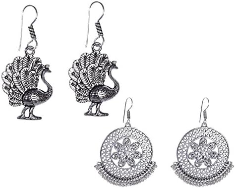 Ardour Set of 2 Pair Drop Dangle Hanging Oxidised Silver Handmade Jhumka Jhumki Fashion Earrings Jewellery For Her, Girl, Women, Mother, Sister, Girlfriend, Party &amp; Daily Wear with Free Gift Box