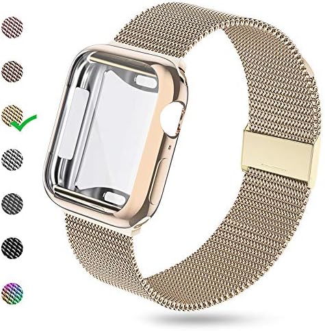 KEOLUS Compatible for Apple Watch Band 38mm 40mm 42mm 44mm with Screen Protector, Soft TPU Protective Case with Stainless Steel Mesh Loop Replacement for iWatch Band Series 5 4 3 2 1