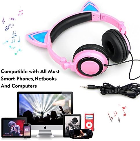 JankoPalise Cat Ear Headphone, Foldable Flashing Glowing Gaming Cat Headset Earphone With LED light For PC Laptop Computer Mobile Phone (pink)