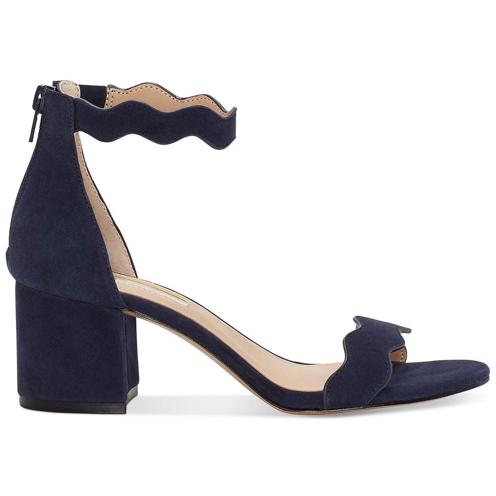 Womens Open Toe Chunky Heels Dress Sandals Scalloped Single Band Ankle Strap Party Shoes Navy - Image 3